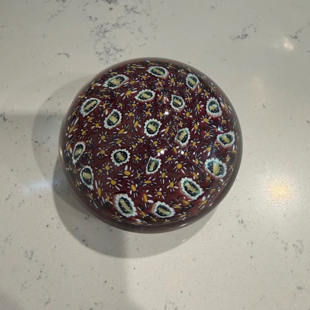 Murano Italy Millefiori Art Glass‎ Paperweight Burgundy Floral Cane Vintage Orb